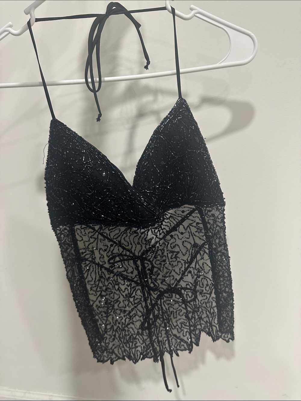 Black Beaded Lace Halter Crop Top